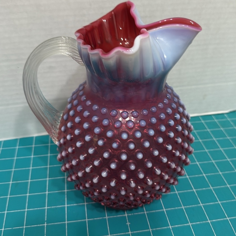 Fenton Pink / Cranberry Opalescent Hobnail Vintage Pitcher Art Glass Approx 8"H - Picture 7 of 10
